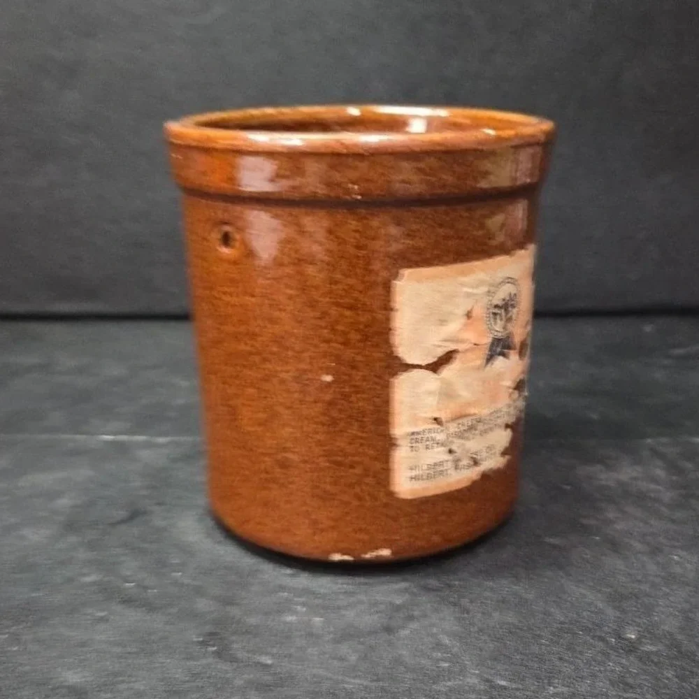 Brown Stoneware Cheese Crock, Vintage Ceramic Container Worn Label, Rustic Decor